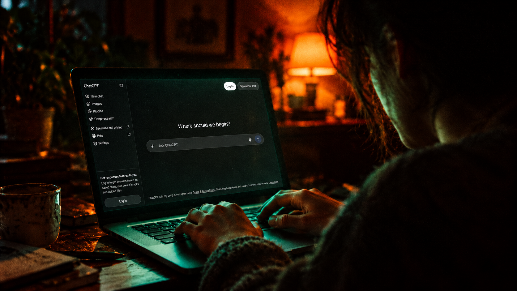Editorial illustration of a person using ChatGPT on a laptop in a dark room, lit by green screen glow and an amber lamp.
