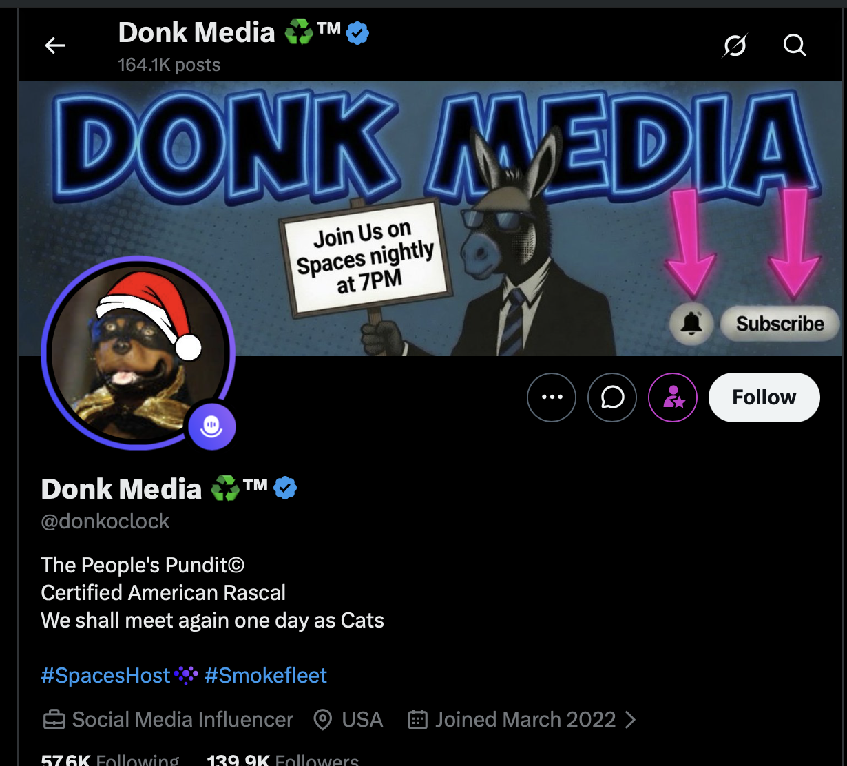 Donk Media’s X profile showing the donkey banner, @donkoclock handle and People’s Pundit bio.